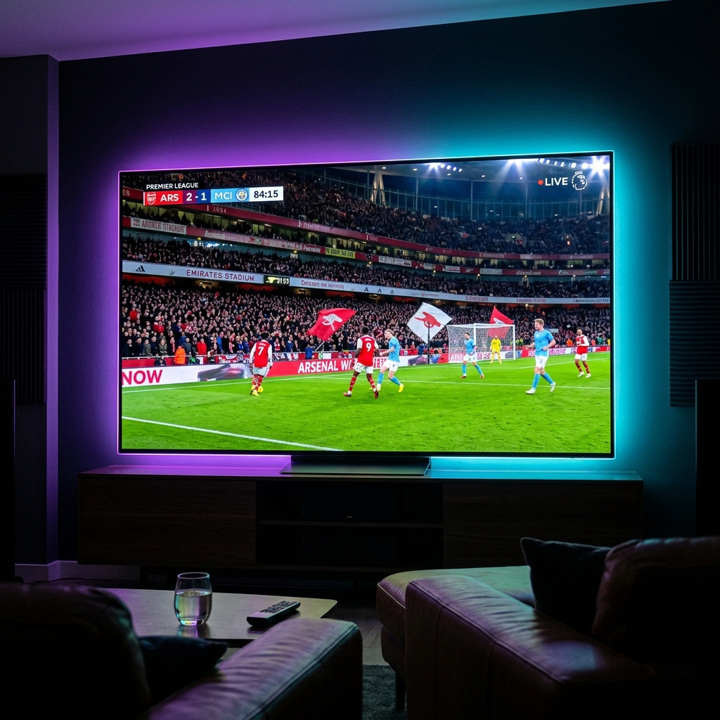 Illustrative image of a live football match on television