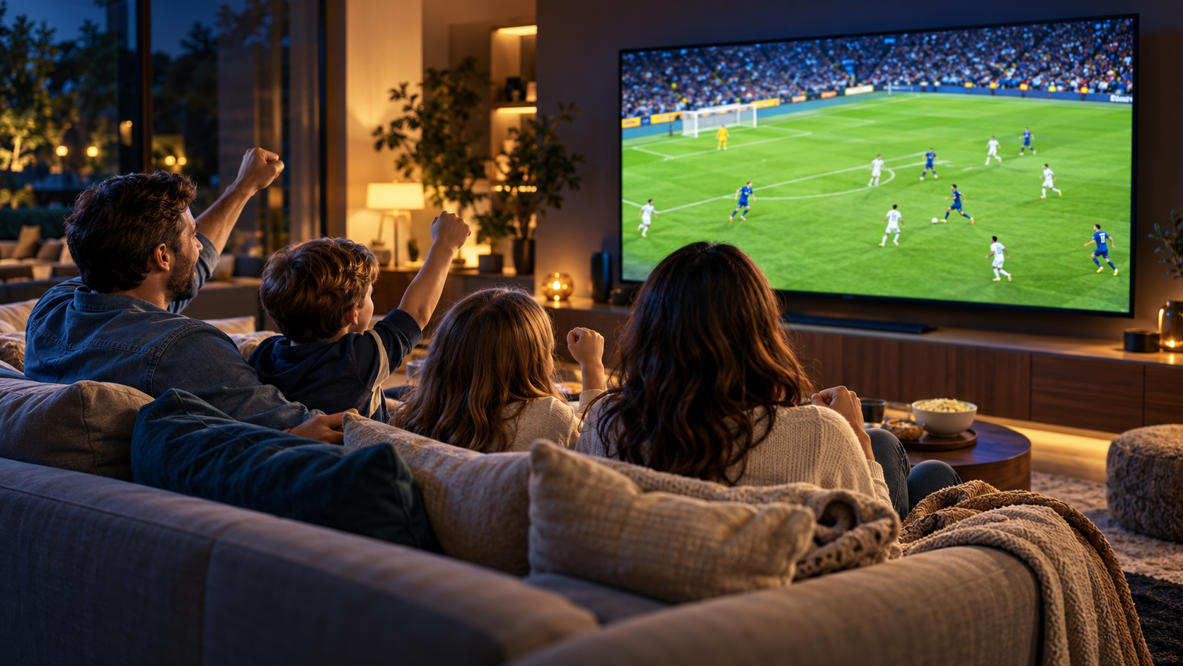 A family cheering together while watching a live football match on television
